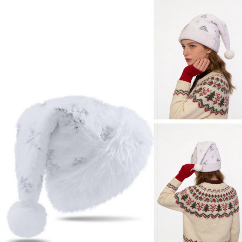 Santa Hat Plush - White Plush Christmas Hat Gold Silver